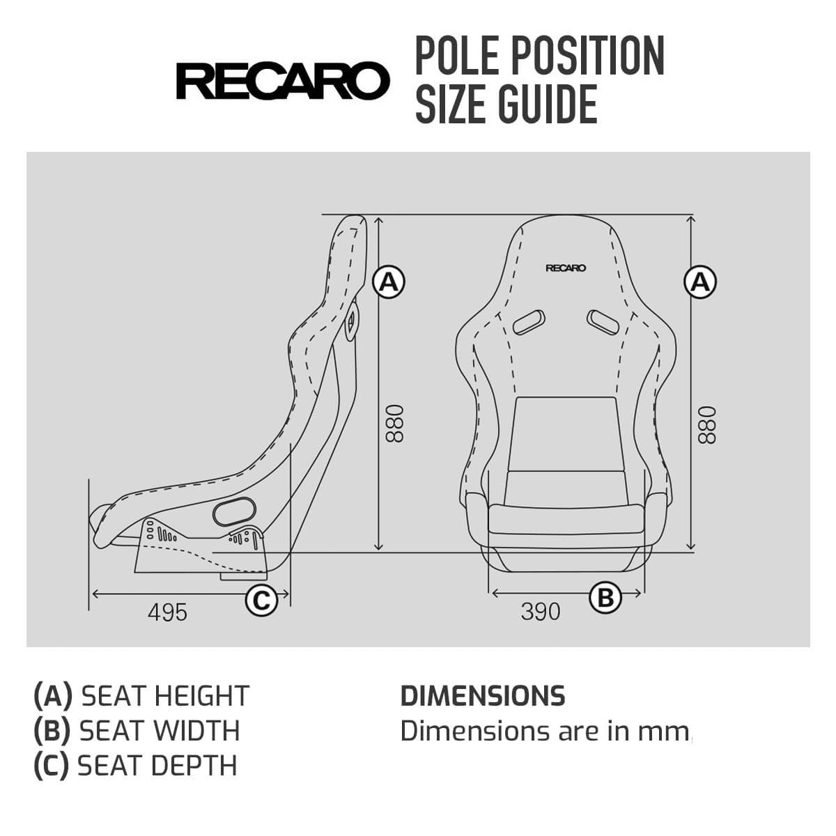 RECARO Pole Position ABE Fibreglass Fixed Bucket Seat - Size Guide